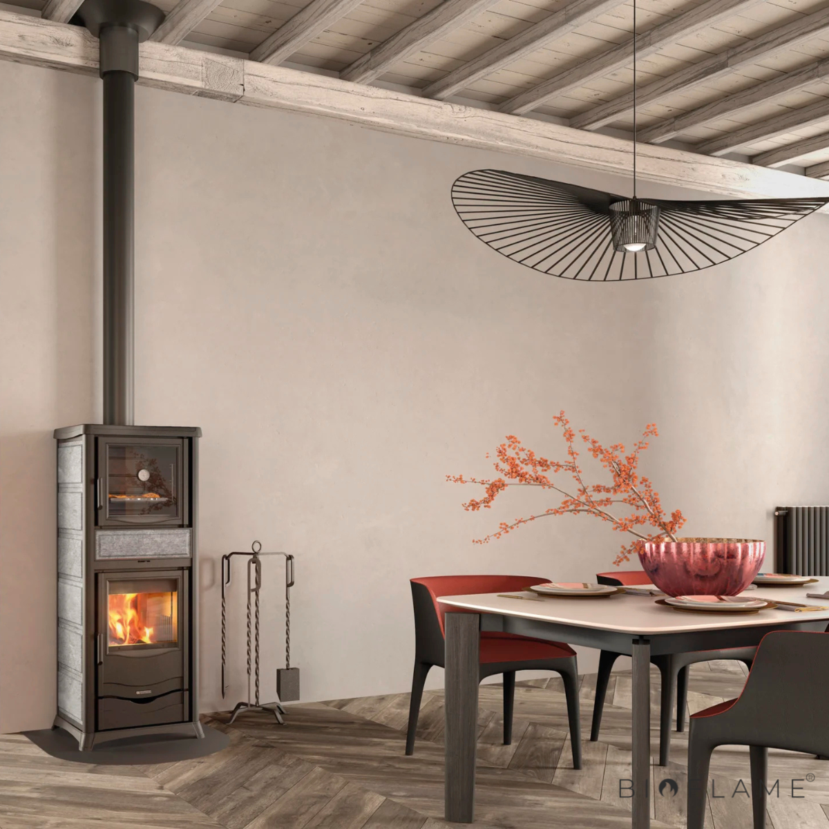 SALAMANDRA A LENHA PARA AQUECIEMNTO CENTRAL - NORDICA EXTRAFLAME TERMOROSSELLA PLUS FORNO DSA 4.0