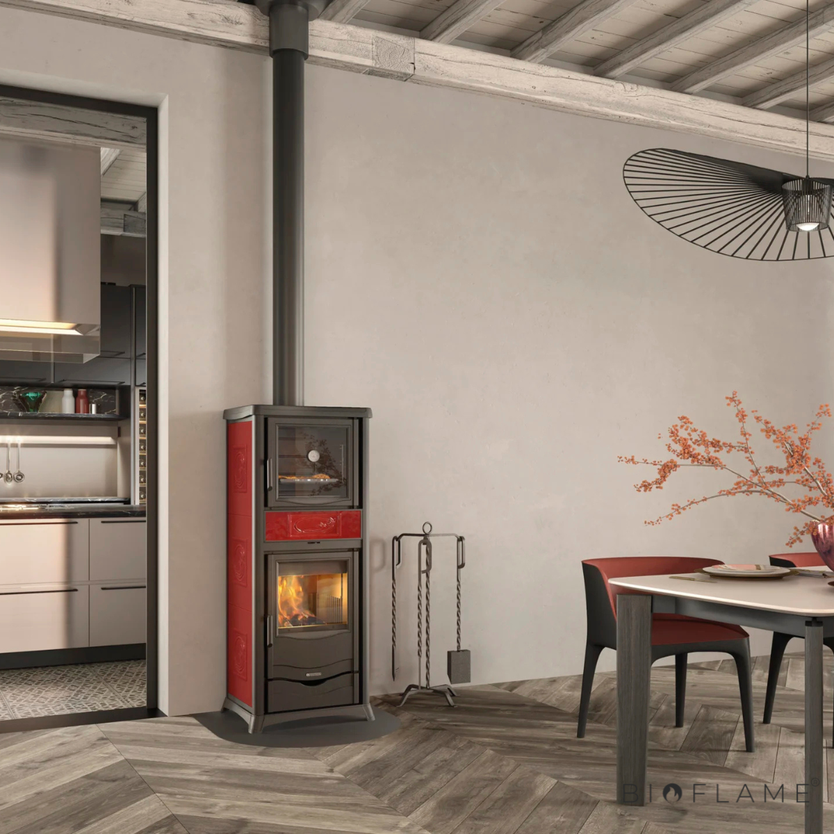 SALAMANDRA A LENHA PARA AQUECIEMNTO CENTRAL - NORDICA EXTRAFLAME TERMOROSSELLA PLUS FORNO DSA 4.0