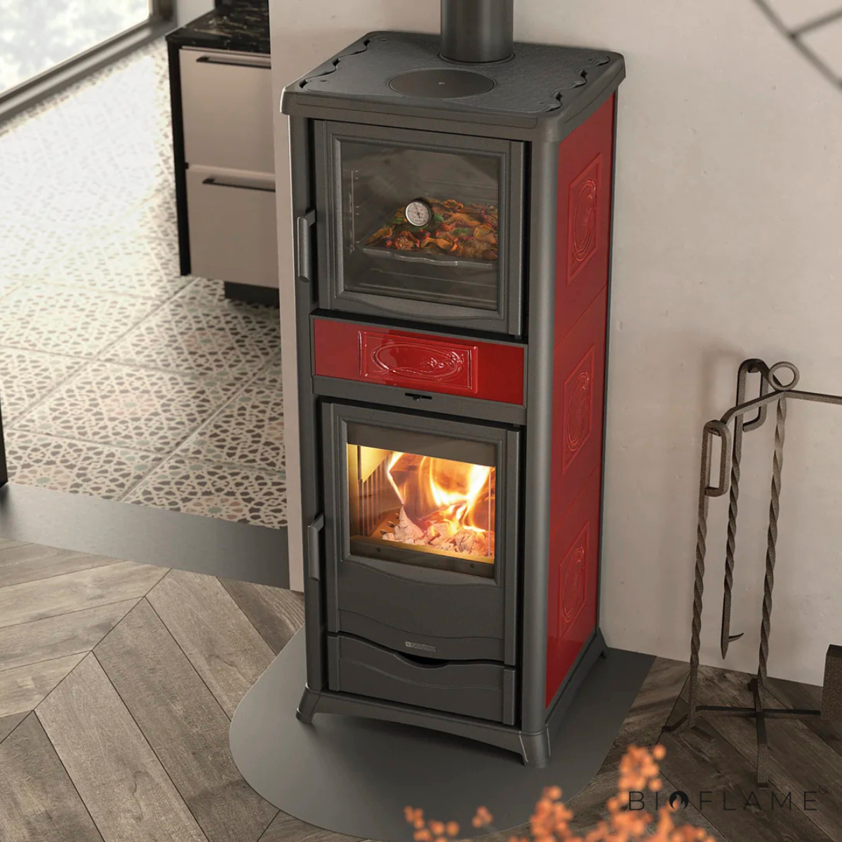 SALAMANDRA A LENHA PARA AQUECIEMNTO CENTRAL - NORDICA EXTRAFLAME TERMOROSSELLA PLUS FORNO DSA 4.0