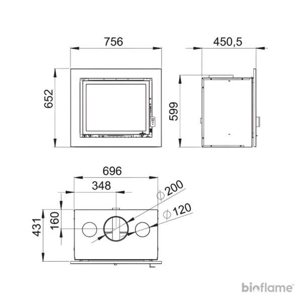 Desenho técnico do Recuperador de Calor a Lenha Bronpi Florida com dimensões