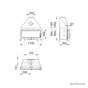 Desenho técnico do Recuperador de Calor a Lenha Bronpi Londres com dimensões detalhadas