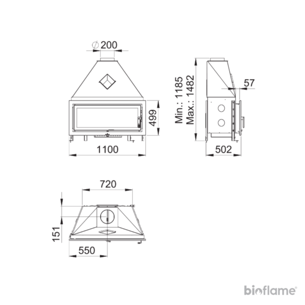 Desenho técnico do Recuperador de Calor a Lenha Bronpi Londres com dimensões detalhadas