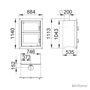 Desenho técnico do Recuperador de Calor a Lenha Bronpi Murano E, apresentando todas as dimensões e detalhes do produto para facilitar a compreensão e a instalação adequada. Este recurso fornece informações precisas sobre as medidas e características do recuperador, auxiliando tanto os consumidores quanto os profissionais responsáveis pela instalação.