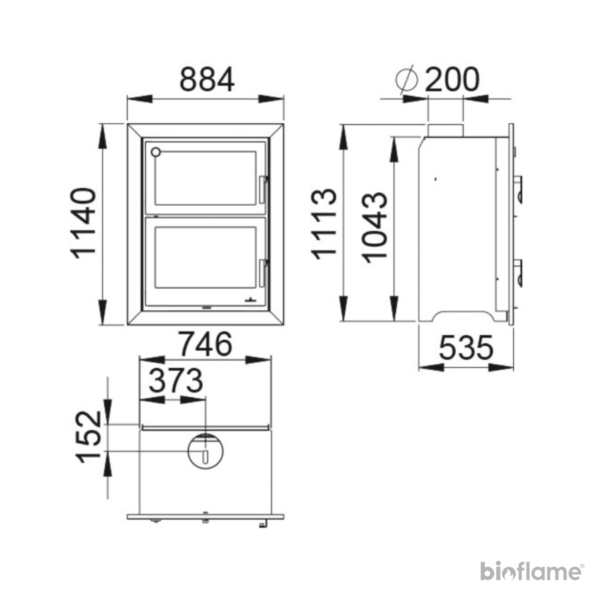 Desenho técnico do Recuperador de Calor a Lenha Bronpi Murano E, apresentando todas as dimensões e detalhes do produto para facilitar a compreensão e a instalação adequada. Este recurso fornece informações precisas sobre as medidas e características do recuperador, auxiliando tanto os consumidores quanto os profissionais responsáveis pela instalação.