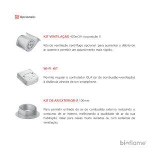 Opcionais de kit ventilação, wi-fi e ar exterior para Recuperador de Calor a Lenha Fogo Montanha E809