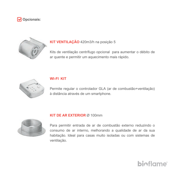 Opcionais de kit ventilação, wi-fi e ar exterior para Recuperador de Calor a Lenha Fogo Montanha E809