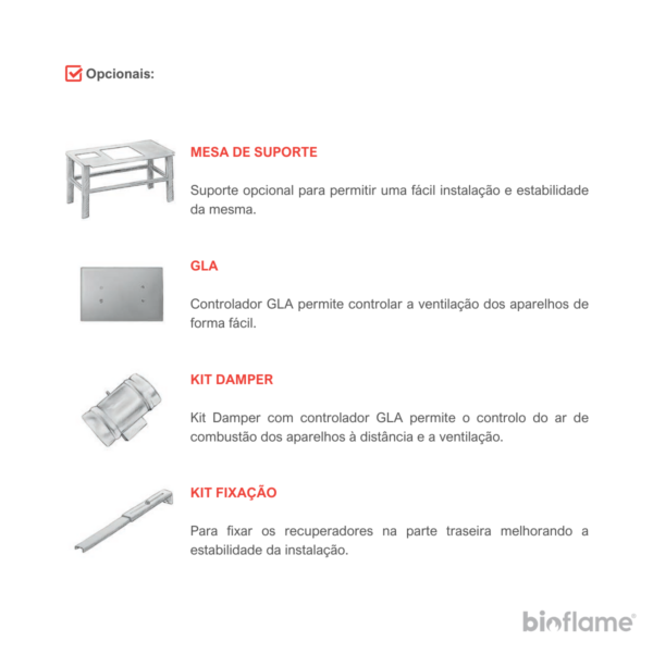 Opcionais de mesa de suporte, GLA, kit damper e fixação para Fogo Montanha E809