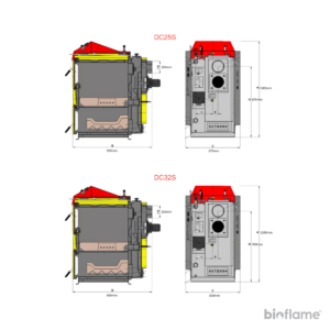 Desenho técnico da Caldeira para Aquecimento Central a Lenha de Chama Invertida – Atmos modelos DC25S e DC32S.