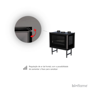 Imagem detalhada da regulação de ar frontal do Recuperador de Calor a Lenha Bronpi Paris 90E Lateral, que permite ajustar o fluxo de ar para canalizar e otimizar a eficiência do aquecimento.