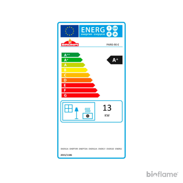 Imagem da etiqueta de classificação energética A+ do Recuperador de Calor a Lenha Bronpi Paris 90E Lateral, indicando sua alta eficiência energética e sustentabilidade.