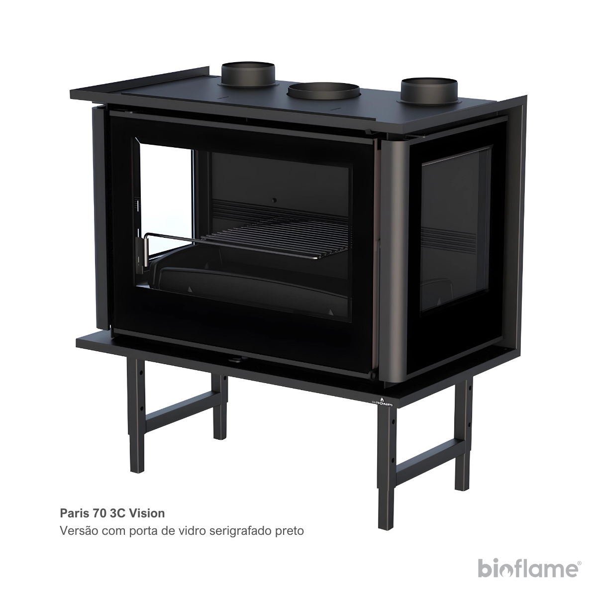 Apresentamos o Recuperador de Calor a Lenha Paris 70 3C Vision, equipado com uma porta de vidro serigrafado preto, conferindo um toque contemporâneo ao ambiente. Com potência de 10kW e tecnologia de dupla combustão, este modelo proporciona aquecimento eficiente e visualmente impressionante. Ideal para espaços modernos que buscam combinar funcionalidade com elegância.