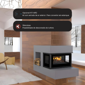 Destacamos o Recuperador de Calor a Lenha Paris 70 3C, instalado em uma sala de estar contemporânea. O modelo exibe o KIT-AIR2 opcional para entrada de ar exterior, bem como a opção de desligamento da turbina para operação silenciosa. Com sua potência e eficiência, este recuperador oferece conforto térmico sem comprometer o sossego do ambiente.