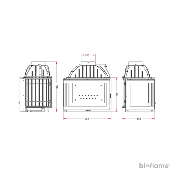 Desenho técnico do Recuperador de Calor a Lenha Invicta 700 Canto com todas as dimensões