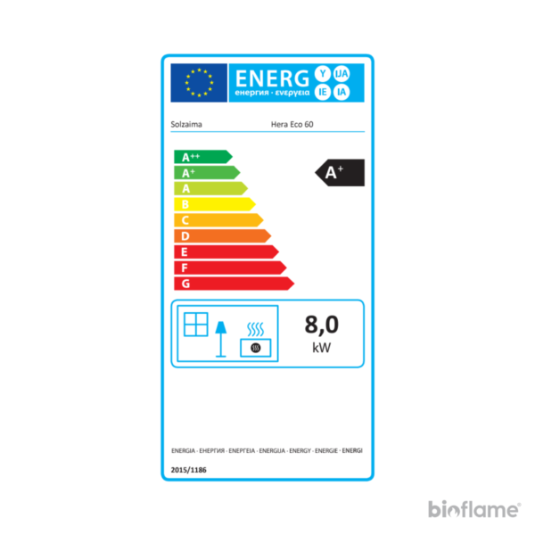 Etiqueta energética A+ do Recuperador de Calor a Lenha Solzaima Hera Eco 60