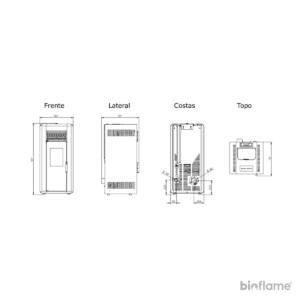 Desenho técnico da Salamandra a Pellets – Solzaima Amazon com detalhes das dimensões