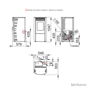 Desenho técnico das saídas de fumos da Salamandra a Pellets Canalizável – Biobronpi Abril Extra.