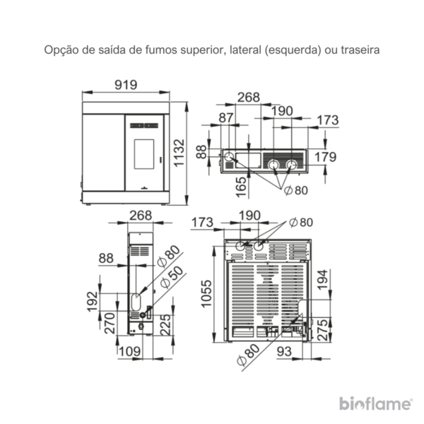 Desenho técnico detalhado da Salamandra a Pellets Canalizável - Biobronpi Cira