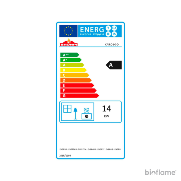 Nesta foto, a etiqueta de classificação energética A é exibida, confirmando a alta eficiência energética do Recuperador de Calor a Lenha Dupla Face - Bronpi Cairo 90, garantindo um desempenho excepcional com consumo mínimo de energia.