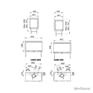 Desenho técnico do Recuperador de Calor a Lenha Bronpi Cairo 90 Lateral, mostrando todas as dimensões e especificações importantes para instalação e utilização. Um guia detalhado para os consumidores interessados.