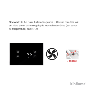 Foto do Kit Opcional para o Recuperador de Calor a Lenha Bronpi Cairo 90 Lateral, que inclui a turbina Cairo Air e uma central com tela tátil em vidro preto para regulação manual/automática das RPM. Um complemento para uma experiência de aquecimento ainda mais confortável e eficiente.