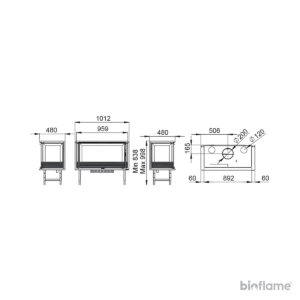 Imagem do desenho técnico do Recuperador de Calor a Lenha - Bronpi Paris 90 3C, detalhando todas as dimensões do produto. Essencial para planejar a instalação e garantir a compatibilidade com seu espaço.