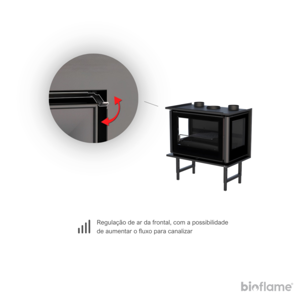 Imagem detalhada da regulação de ar frontal do Recuperador de Calor a Lenha - Bronpi Paris 90 3C. Esta funcionalidade permite ajustar o fluxo de ar para uma combustão mais eficiente, além de possibilitar o aumento do fluxo canalizável para uma melhor distribuição do calor.