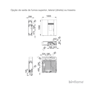 Desenho técnico da Salamandra a Pellets Canalizável Biobronpi Cleo, com detalhes das suas dimensões e componentes