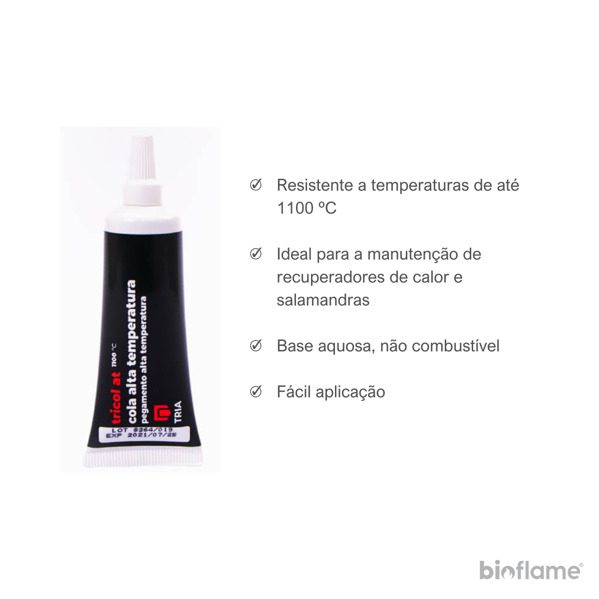 Embalagem de tubo de Cola refratária termorresistente Tricol At 20ml com informações sobre o produto.