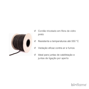 Embalagem de Cordão Tricotado em Fibra de Vidro preto com informações do produto.