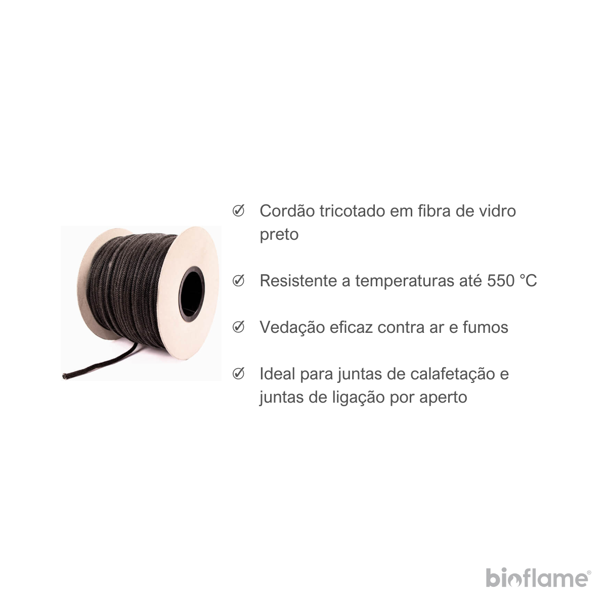 Embalagem de Cordão Tricotado em Fibra de Vidro preto com informações do produto.