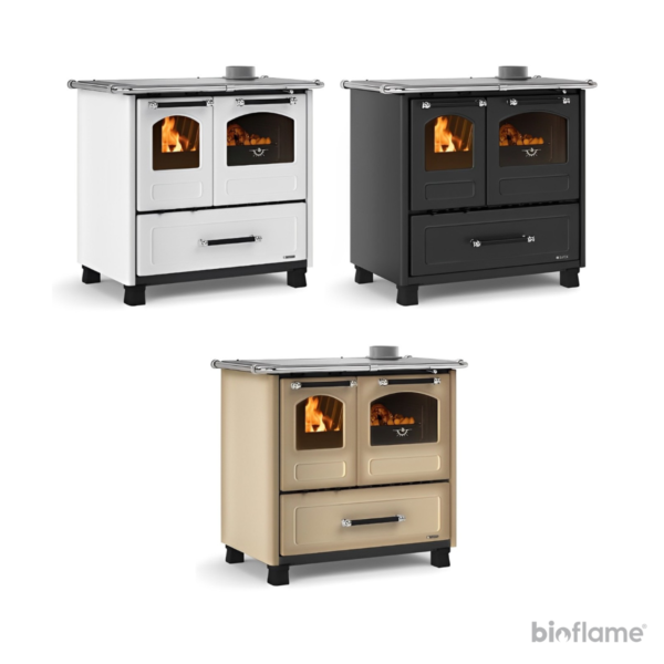 Fogão a lenha Nordica Extraflame Family 4,5 nas cores branco, preto e cappuccino