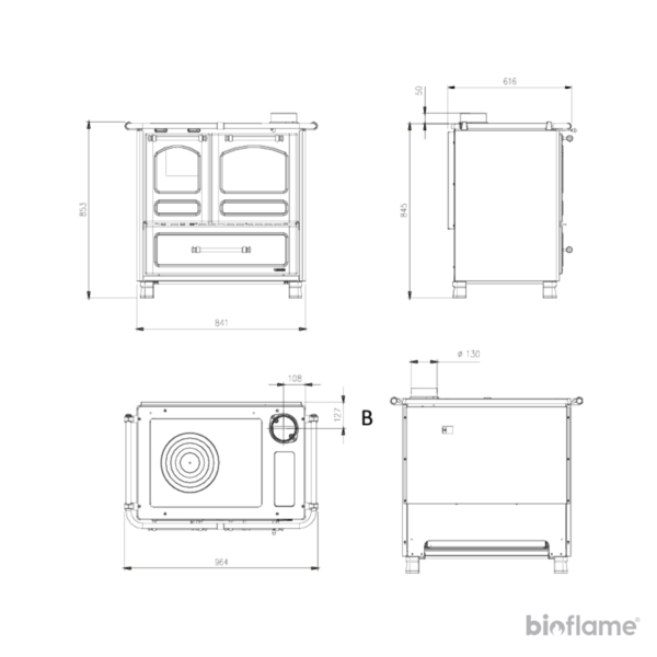 Desenho técnico do Fogão a Lenha Nordica Extraflame Family 4,5