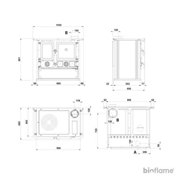 Desenho técnico do Fogão a Lenha – Nordica Extraflame Rosa 5.0 – Steel