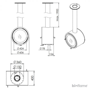 Desenhos técnicos da Lareira a lenha suspensa - Biojaq DG Odin, mostrando as dimensões.