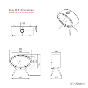 Desenho técnico da Lareira a lenha suspensa - Biojaq DG Oval Front modelo com pés.