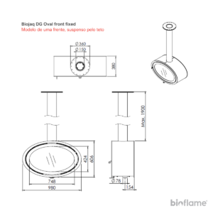 Desenho técnico da Lareira a lenha suspensa - Biojaq DG Oval Front modelo fixed.