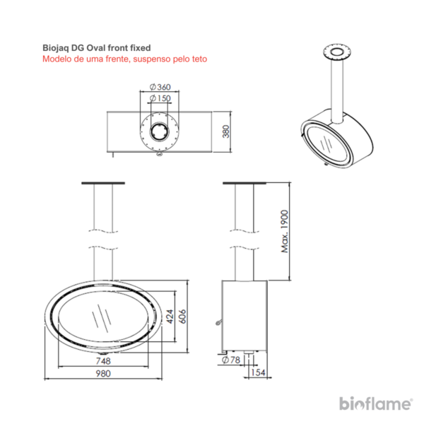 Desenho técnico da Lareira a lenha suspensa - Biojaq DG Oval Front modelo fixed.