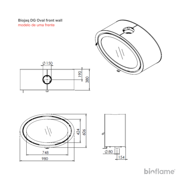 Desenho técnico da Lareira a lenha suspensa - Biojaq DG Oval Front modelo wall.