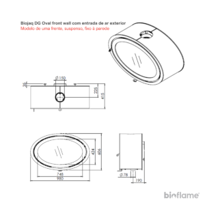 Desenho técnico da Lareira a lenha suspensa - Biojaq DG Oval Front modelo wall com entrada de ar exterior.