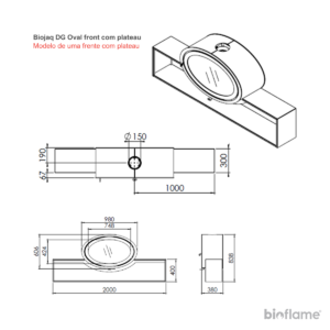 Desenho técnico da Lareira a lenha suspensa - Biojaq DG Oval Front modelo plateau.