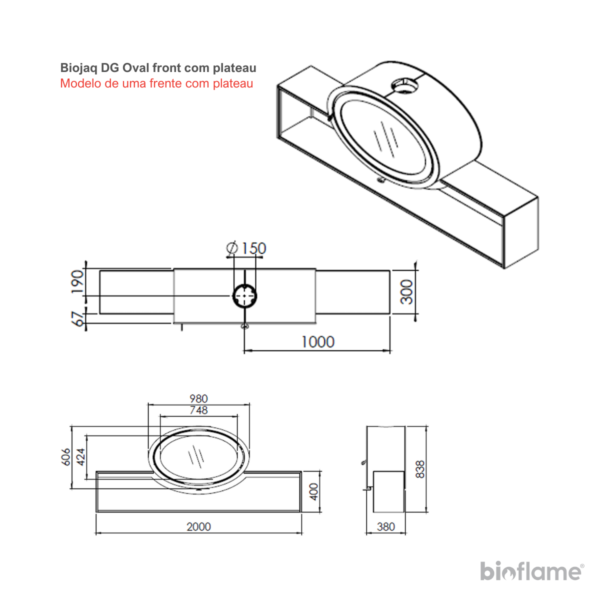 Desenho técnico da Lareira a lenha suspensa - Biojaq DG Oval Front modelo plateau.