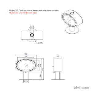 Desenho técnico da Lareira a lenha suspensa - Biojaq DG Oval Front modelo com base.