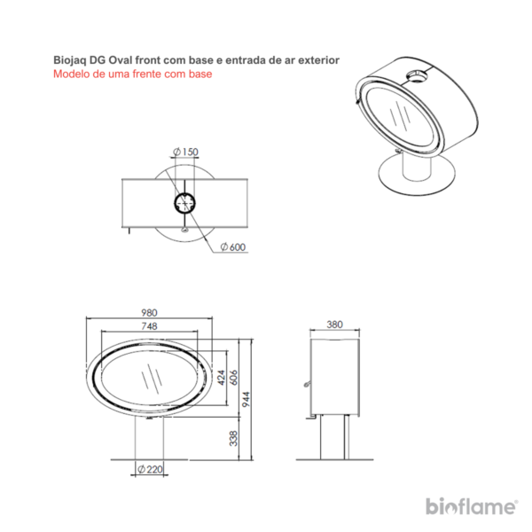 Desenho técnico da Lareira a lenha suspensa - Biojaq DG Oval Front modelo com base.