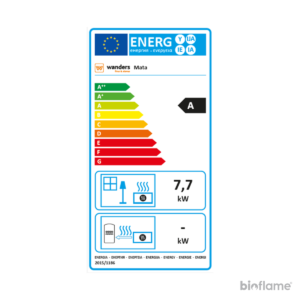 Etiqueta com informações sobre a classificação energética da Salamandra suspensa a lenha Biojaq WD Mata.