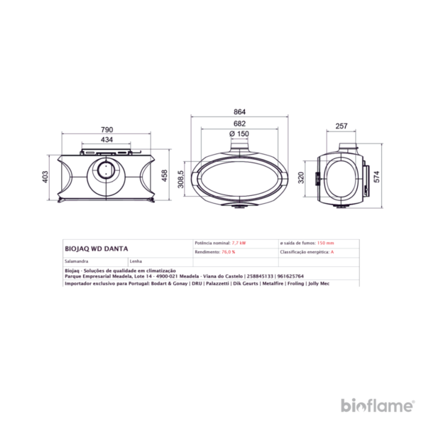 Desenhos técnicos com as dimensões da Salamandra suspensa a lenha Biojaq WD Mata.