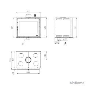 Desenho técnico com todas as dimensões do Recuperador de Calor a Lenha Nordica Extraflame Inserto 70 wide.