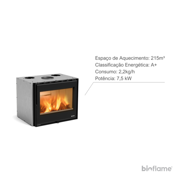 Foto do recuperador de calor a lenha Nordica Extraflame Inserto 70 wide, realçando as principais informações como Espaço de Aquecimento, Classificação Energética, Consumo e Potência.