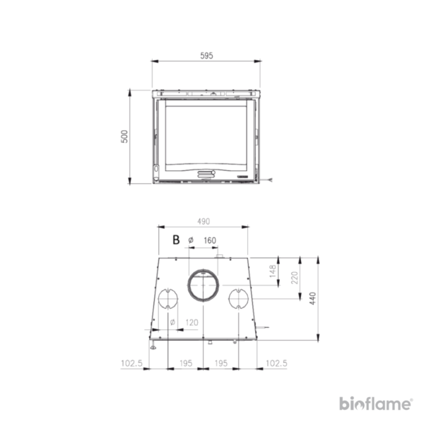 Desenho técnico com todas as dimensões do Recuperador de Calor a Lenha Nordica Extraflame Inserto 60 4.0.