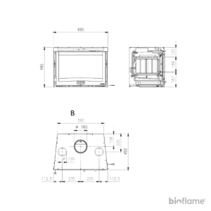 Desenho técnico com todas as dimensões do Recuperador de Calor a Lenha com Ventilação Nordica Extraflame Inserto 70 H49 4.0