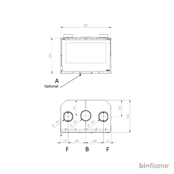 foto do desenho técnico com todas as dimensões do Recuperador de Calor a Lenha com Ventilação - Nordica Extraflame Inserto 80 Crystal Evo 2.0